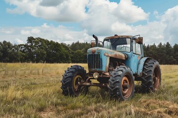 Obraz premium Old tractor in the field with blue sky and white clouds