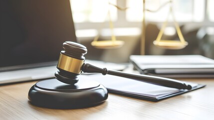 Close-up of a gavel on a wooden desk, symbolizing authority and importance of election rules, with copy space for text or design