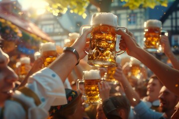 Joyful 3D render of an Oktoberfest celebration with people clinking beer mugs, wearing traditional Bavarian clothing, and dancing,  created by ai