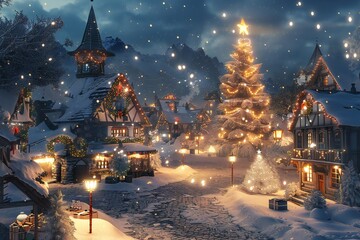 Magical 3D render of a snowy village at night with glowing lanterns, decorated houses, and a big Christmas tree in the town square, , created by ai