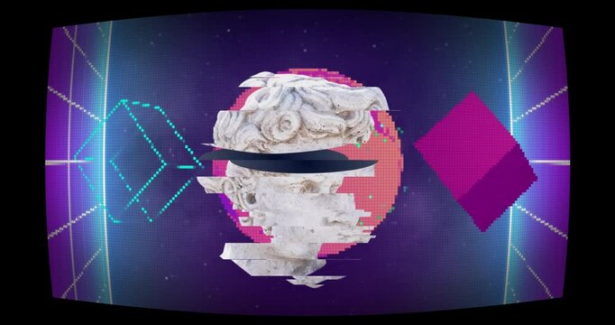 Animation of antique sculpture heads over glowing shapes