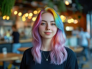 Vibrant Charisma: A Confident Woman with Multicolored Hair Captured in a Cozy Café - Ideal Poster for Stylish Interiors and Relaxed Spaces