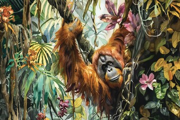 Obraz premium an Orangutan hanging from a tree in a dense Bornean jungle with tropical flowers and vines , watercolor illustration, created by ai