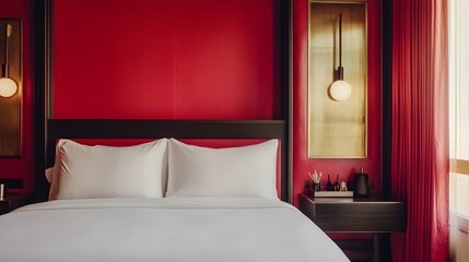 A colored hotel bedroom featuring a comfortable bed, a nightstand with decorative items, and a mock-up wall for personalization