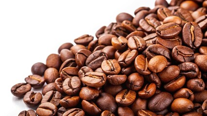 Fototapeta premium Fresh arabica coffee beans on a white background at a tilted angle