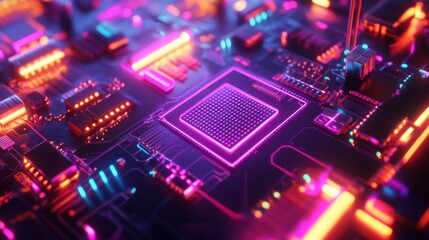 Obraz premium A close-up of a circuit board with a glowing processor.