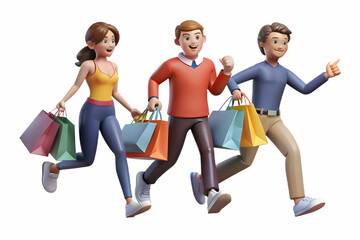 Fototapeta premium Flat Vector Illustration of Spontaneous Shopping Spree: Friends Running and Laughing in a Bustling Shopping District Showcasing Impulsive Buying Behavior