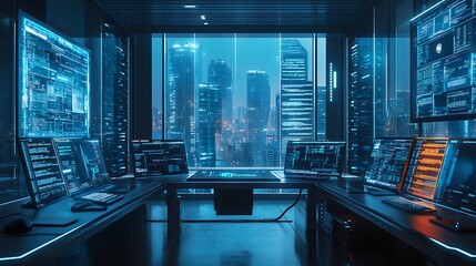 Fototapeta premium A woman works intensely in front of glowing abstract art screen.