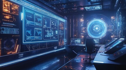 Fototapeta premium A programmer focuses hard on code, green shapes glowing behind.