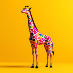 Colorful giraffe figurine on a bright yellow background, playful and whimsical design.
