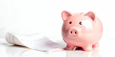 A Floating Piggy Bank and Receipt in Mid Air Isolated on White - Symbolizing Savings and Financial Management for Personal Finance Promotions