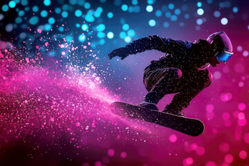 Naklejka premium Snowboarder in action against a colorful, dynamic background of lights and splashes.