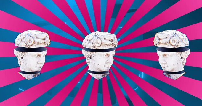 Animation of antique sculpture heads over light trails