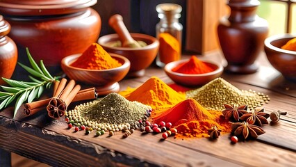 Assorted Spices and Herbs Display on Rustic Table