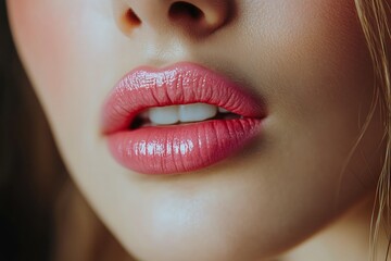 Fototapeta premium Closeup macro portrait of female part of face. Woman lips with pink beauty makeup.