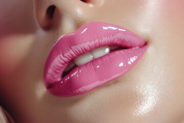 Obraz premium Closeup macro portrait of female part of face. Woman lips with pink beauty makeup.