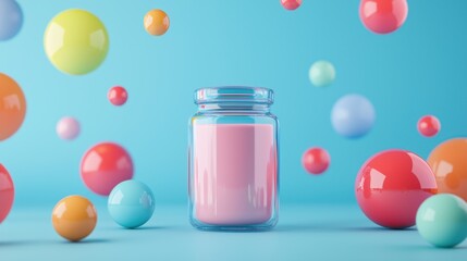 Colorful spheres surrounding a glass jar of pink liquid