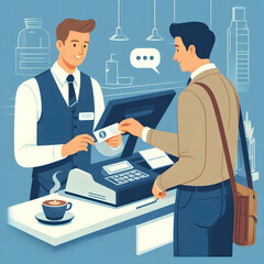 Flat Vector Illustration of Employee Cheerfully Applying Coupon at Checkout for Customer in Retail Setting, Concept for Marketing and Customer Service Promotion
