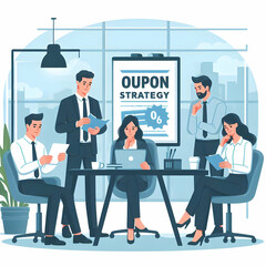 Candid Business Meeting on Coupon Strategy in Modern Office - Flat Vector Illustration of Team Collaboration and Marketing Ideas