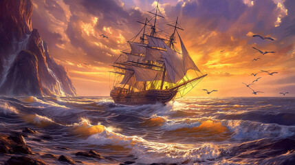 Obraz premium A majestic sailing ship battles ocean waves at sunset, with vibrant colors lighting the sky and sea in a dramatic coastal scene