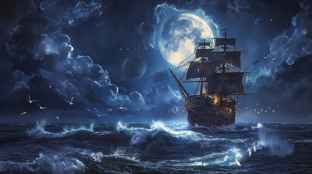 A majestic ship sails through turbulent waters beneath a vivid moonlit sky on a stormy night - Powered by Adobe
