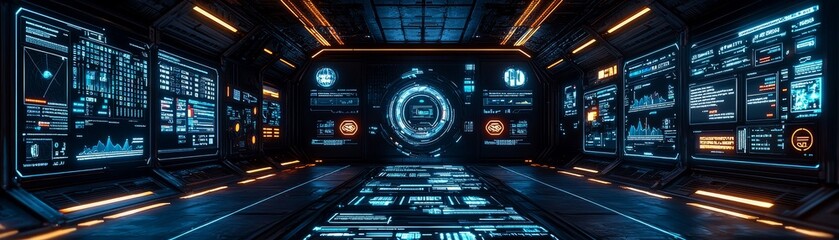 Fototapeta premium Futuristic Spaceship Corridor with Digital Displays and Glowing Lights, Sci-Fi, Spaceship Interior , sci-fi , spaceship