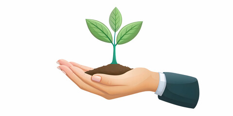 Flat Floating Seedling Growing from Hands concept as A small seedling grows from a pair of hands floating mid air against a white background. The camera captures a close up emphasizing community growt