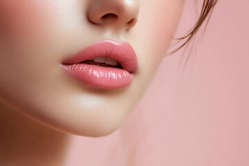 Fototapeta premium Closeup macro portrait of female part of face. Woman lips with pink beauty makeup.