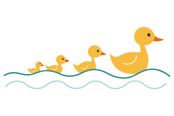 Playful Mother Goose and Her Ducklings Swimming Together Vector Art
