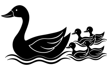 Playful Mother Goose and Her Ducklings Swimming Together Vector Art
