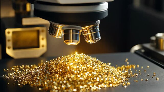 A microscope lens hovers over a pile of gold particles on a black surface