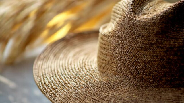 A close-up of a woven straw hat, with soft sunlight filtering through the background