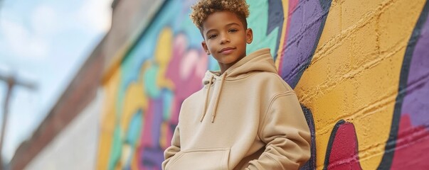 Portrait of a Young Boy Against a Colorful Graffiti Wall, Urban Photography, Street Art, Youth Culture, Graffiti Background