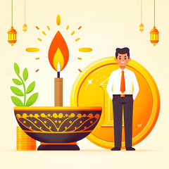 Obraz premium Festive Flat Bhai Dooj Diya and Coin Isolated - Minimalistic Vector Design Highlighting Glowing Diya with Bhai Dooj Coin on a Clean White Background