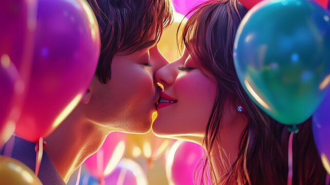 A close-up, photorealistic image of a couple sharing a playful lip-lock, their smiles evident as they kiss, surrounded by colorful balloons. The bright, festive atmosphere captures the joy