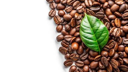 Fresh coffee beans with leaf on white background
