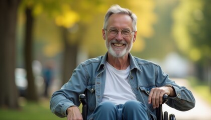 A man in a blue jacket and white shirt is smiling and sitting in a wheelchair