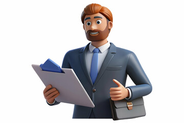 Professional Businessman Reviewing Financial Documents with Briefcase on White Background - Emphasizing Readiness and Professionalism for Corporate Banners and Advertisements