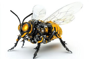 A cute, mechanical bee-like robot with shiny metal parts, glowing eyes, and miniature insect legs. The robot's wings are made of transparent, delicate materials
