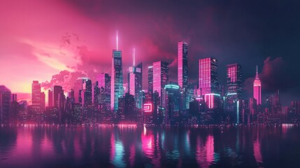 Fototapeta premium Futuristic neon skyline reflecting on calm waters at dusk