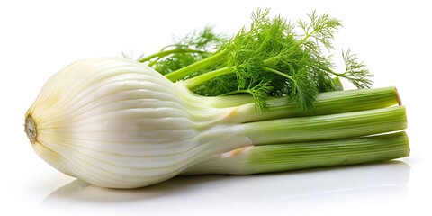 Fresh fennel bulb isolated on white background reflected