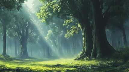 Serene forest scene with sunlight filtering through trees.