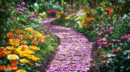 Obraz premium Vibrant flower path in a lush garden setting