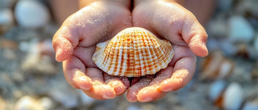 A child's hands gently hold a seashell on a sandy beach, capturing the essence of summer and coastal adventures.