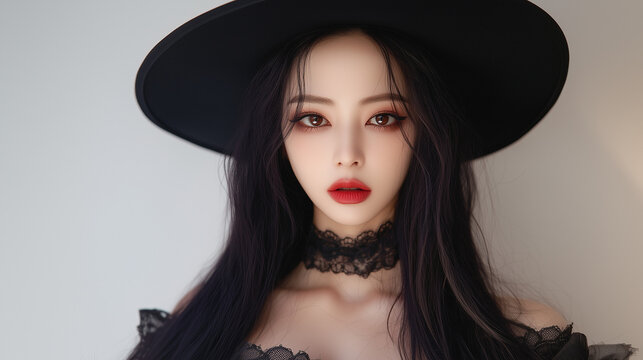 attractive asian model, witch costume for halloween season