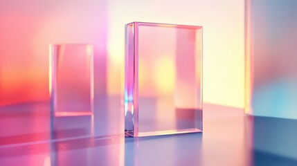 Abstract glass blocks reflecting colorful light patterns