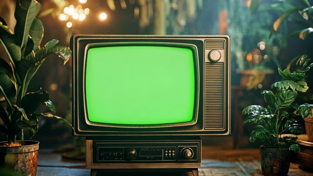 An old television with a green screen sits on a table in a dimly lit room