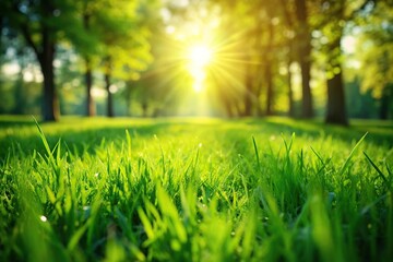 Naklejka premium Fresh green grass in a summer nature background with leading lines