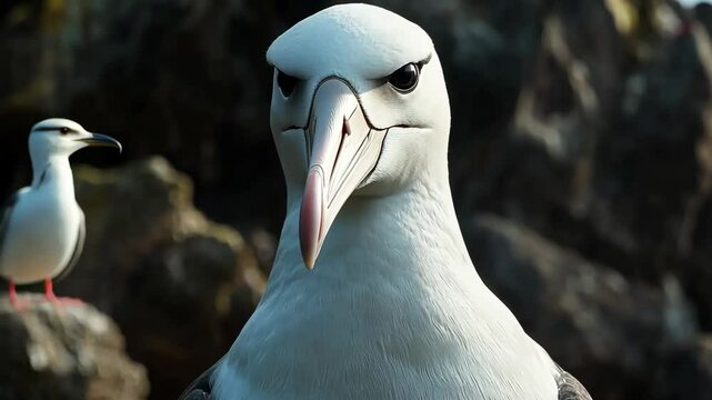 A white-tailed tropicbird looks intently at the camera from a rocky perch on a tropical island