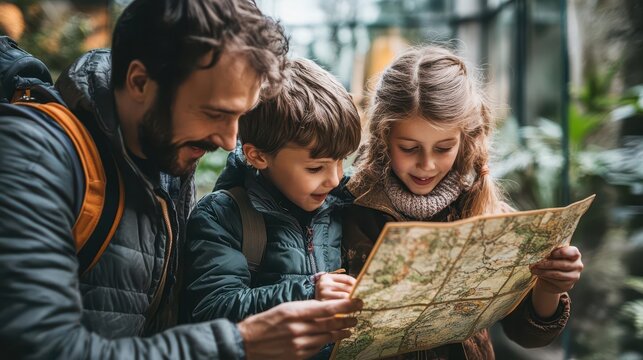 A family enjoys an adventure while exploring the outdoors, studying a map together with excitement and curiosity in their eyes.